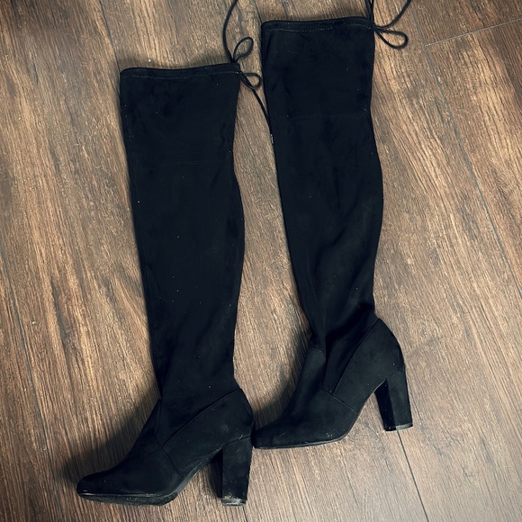✨ Black Faux Suede Thigh-High Drawstring Boots – 3¼" Heel ✨ - Picture 6 of 10